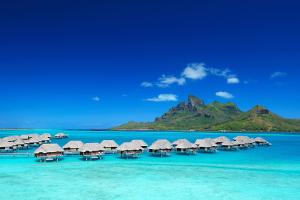 A beach with many umbrellas in the water