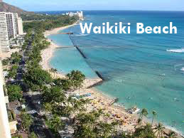 Aerial view of Waikiki Beach in Hawaii with clear blue waters and a sandy shoreline flanked by high-rise buildings, perfect for a family vacation.