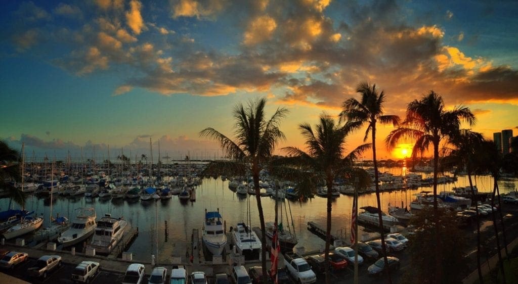Sunset over Waikiki Beach marina with silhouetted palm trees and moored boats.