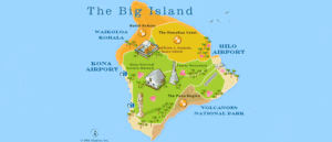 A map of the big island with many tourist locations.