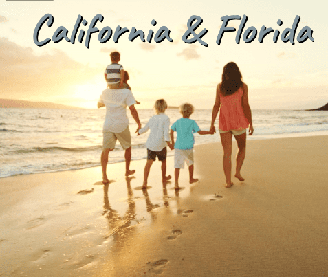 Family walking on the beach at sunset with text "California & Florida Getaway Adventure Vacations.